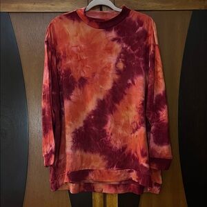 LOGO Shades of Red&Orange Tie-Dye Long Sleeve Top w/Stand-Up Collar-Bottom Band